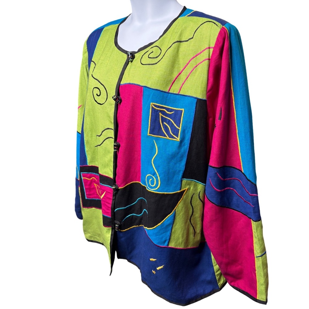 INDIGO MOON Womens Multicolor Embroidered Jacket 2X Art-To-Wear Boho Maximalist - Picture 2 of 11